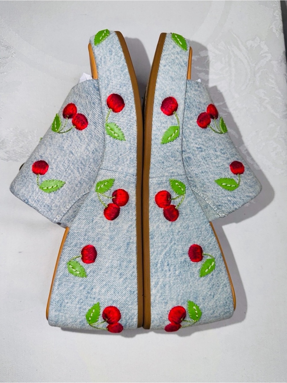 NIB COACH Marie Denim Cherry Embroidered Platform Wedge Slide Sandals Sz 7.5 - Picture 6 of 8